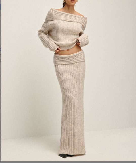 Women's Clothing One Shoulder Slim Loose Solid Color Knitted Sweater Two piece Set Long Sleeve_voghion.com