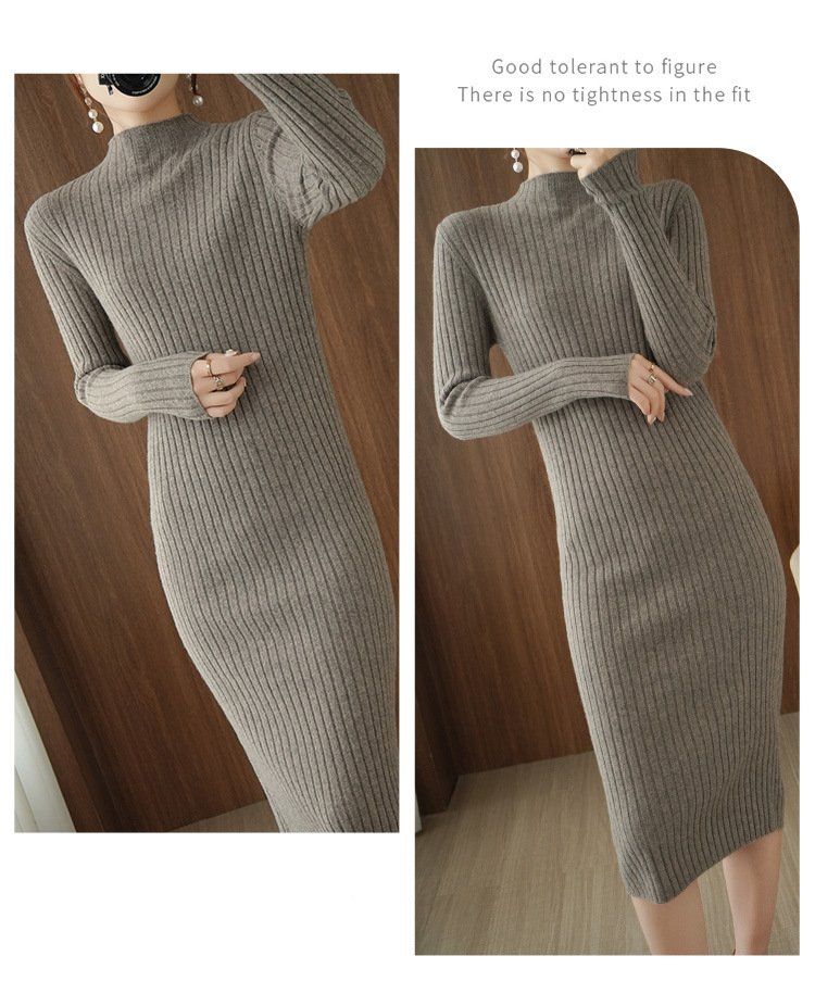 2020 Herbst Winter Neuer halber Rollkragenpullover mittlerer Länge Basispullover Verdicktes Wollstrickkleid_voghion.com