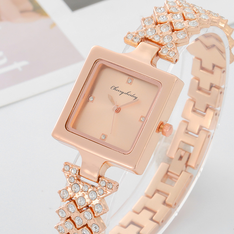 Reloj de pulsera de cuarzo para mujer, banda de acero de estilo coreano, cuadrado, lleno de diamantes, 2024_voghion.com