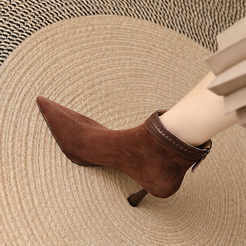 Stivali corti con tacco a spillo da donna, in pelle scamosciata, eleganti e semplici, nuovi tacchi alti a punta per autunno e inverno, stile francese_voghion.com