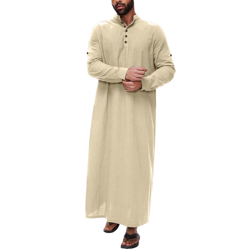 Túnica musulmana de estilo árabe, sencilla, de algodón y lino, larga, con cuello alto y botones para hombre._voghion.com