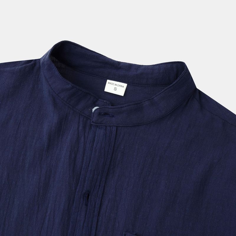 Camicia da uomo ampia a maniche lunghe in cardigan con colletto alla coreana in lino tinta unita_voghion.com