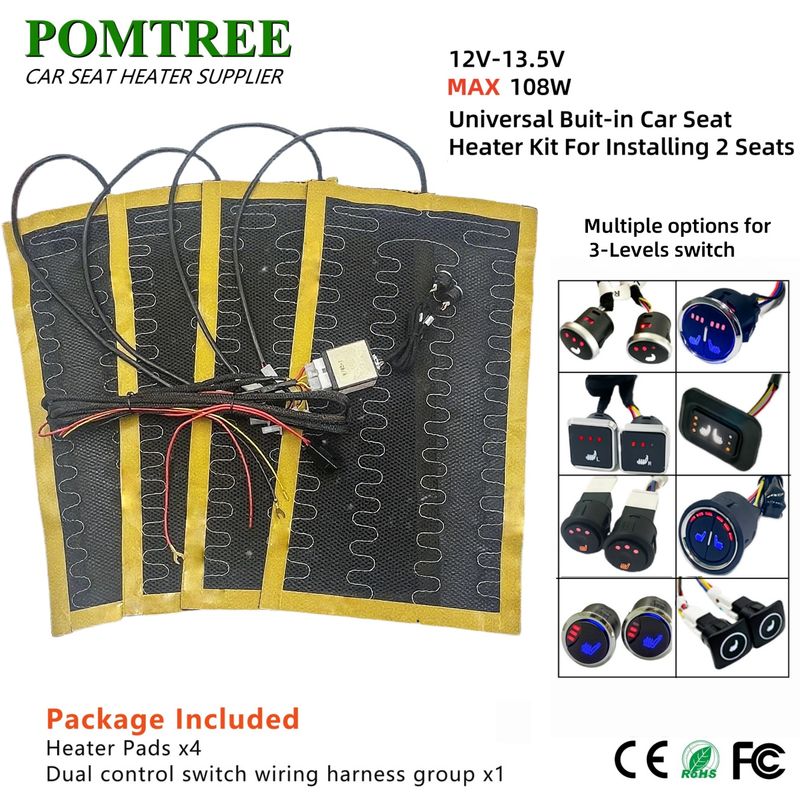 Neues eingebautes Autositzheizungsset für 1/2 Sitze, 12 V, 2/4-teilige Universal-Heizkissen aus Legierungsdraht, 3 Stufen, Doppelsteuerung, beheizt_voghion.com
