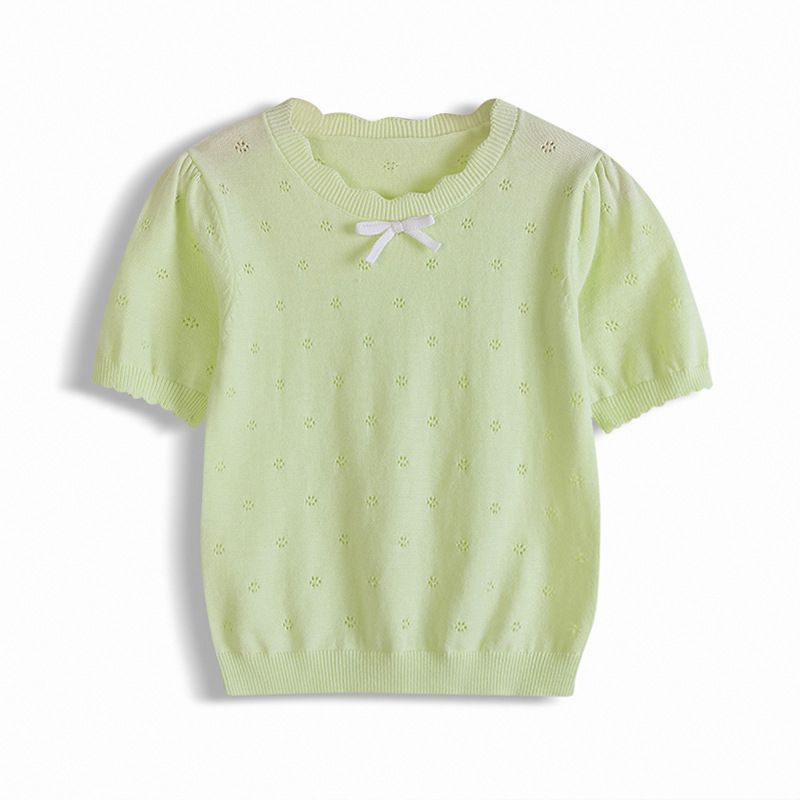Maglietta estiva a maniche corte sottile e traspirante con scollo rotondo e fiocco traforato per bambini, modello A, all'ingrosso_voghion.com