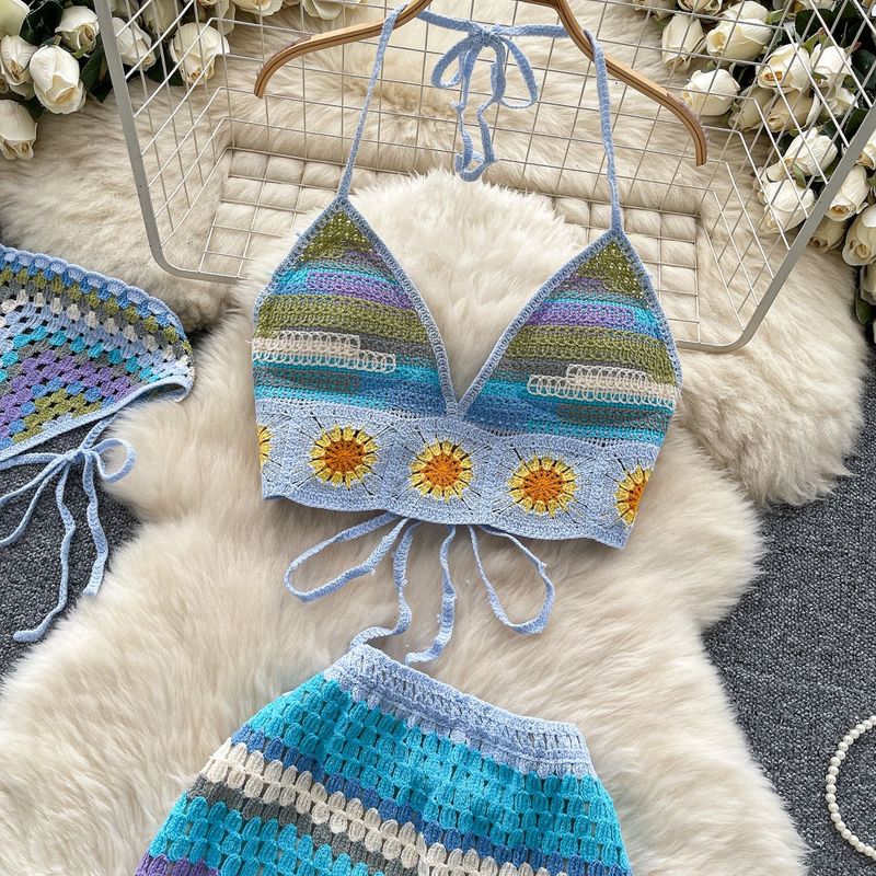 Ensemble de plage pour femme, tenue d'été, pur désir, caraco dos nu + jupe en maille ajourée colorée_voghion.com