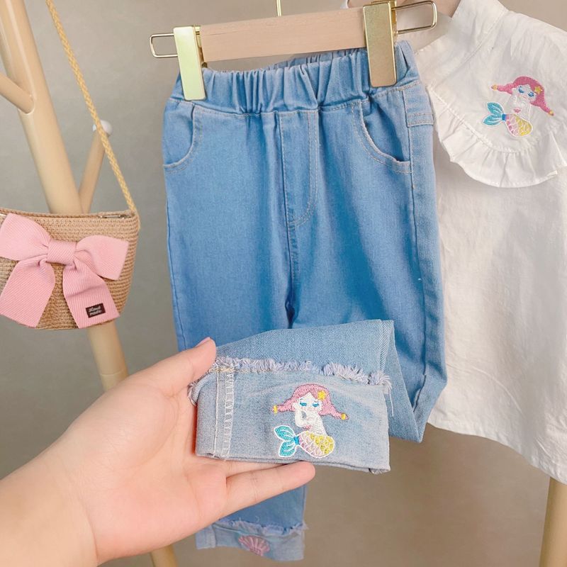 Abbigliamento per bambini, graziosa camicia con colletto ricamato per ragazze e abito a due pezzi in jeans_voghion.com