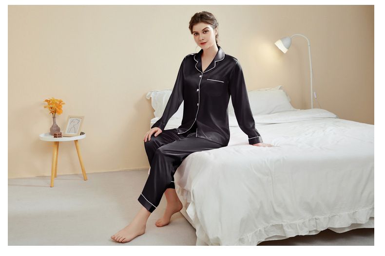 Damen-Nachtwäsche, große Größe, Basic-Pyjama, Damen, Frühling und Sommer, langärmelige Hose, dünne Seide, Freizeit, Zuhause, zweiteiliges Set_voghion.com