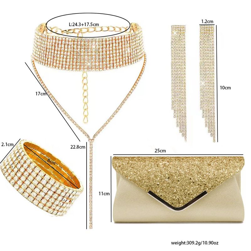 Set di gioielli da donna - Elegante collana con frange geometriche in strass, orecchini, bracciale, pochette, accessori da sera e da festa, 4 pezzi_voghion.com