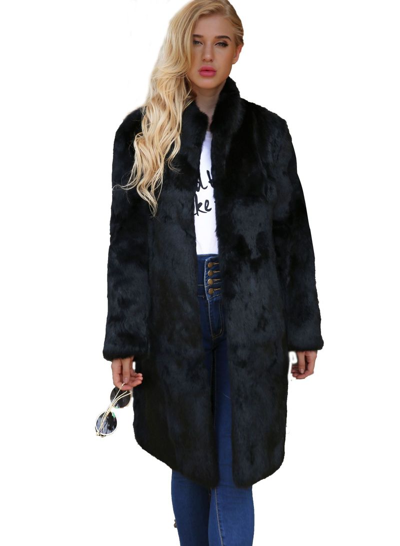 Abrigo largo de lujo de piel sintética de conejo para mujer, con cinturón ajustable, abrigo de invierno negro._voghion.com