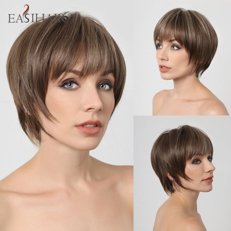 Parrucche sintetiche corte e lisce castane dorate con taglio pixie, frangia, caschetto, a strati, per donne, per feste di cosplay quotidiane, resistenti al calore_voghion.com