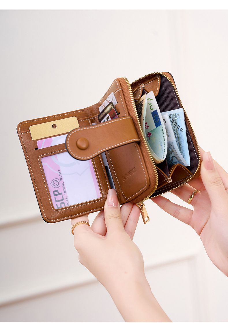 Cross Border Nieuwe RFID Anti Magnetische Korte Portemonnee Multifunctionele Ritssluiting Portemonnee Europese En Amerikaanse Retro Dames Muntenportemonnee_voghion.com