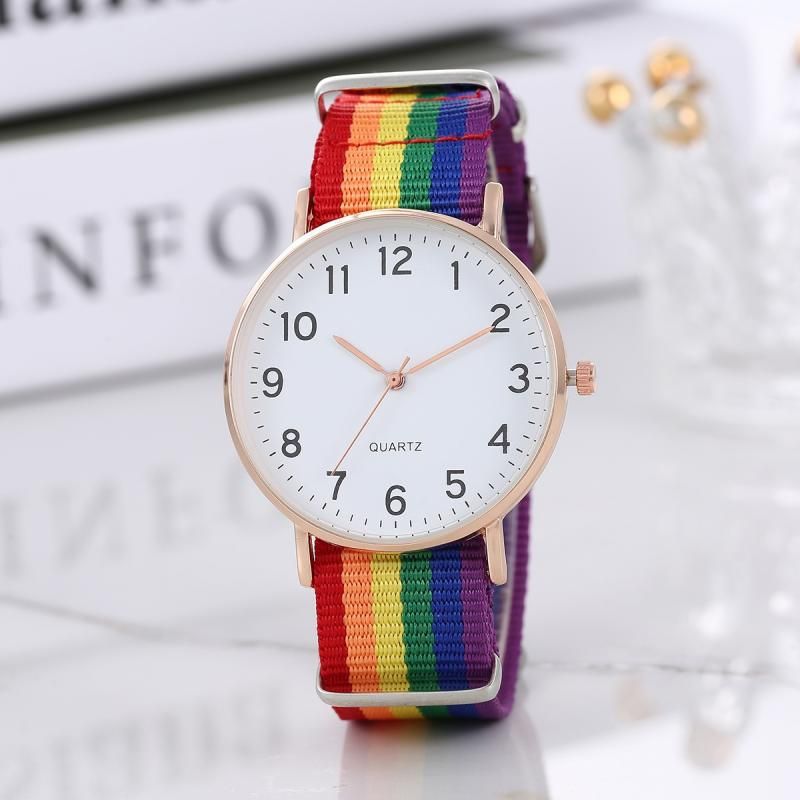 Heißer Verkauf Regenbogen Farbe Ultra-dünne Canvas Strap 12 Zahlen Klassische Einfache Männer Und Frauen Student Prüfung Casual Uhr_voghion.com