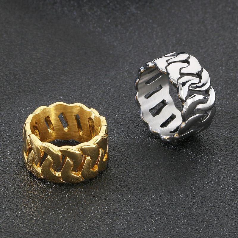 Anello da uomo in acciaio inossidabile con catena cubana elettroplaccata sottovuoto, stile hip-hop_voghion.com