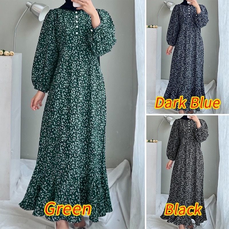Women's Clothing Muslim Casual Long Sleeved Open Door Loose Printed Button Down Dress_voghion.com