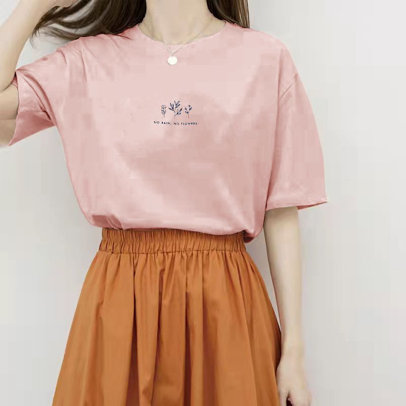 Kurzarm-T-Shirt mit Rundhalsausschnitt für Damen, Sommer, lockerer Pflanzendruck, lässig, einfarbig, Basishemd, Top, Koreanisch_voghion.com