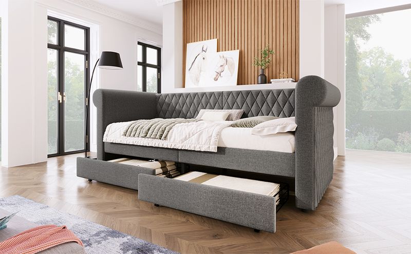 Canapé-lit vintage capitonné 90 x 200 cm, méridienne avec 2 tiroirs de rangement, sommier à lattes en bois, cadre de lit enfant et adolescent, tissu lin, gris (matelas non inclus)_voghion.com