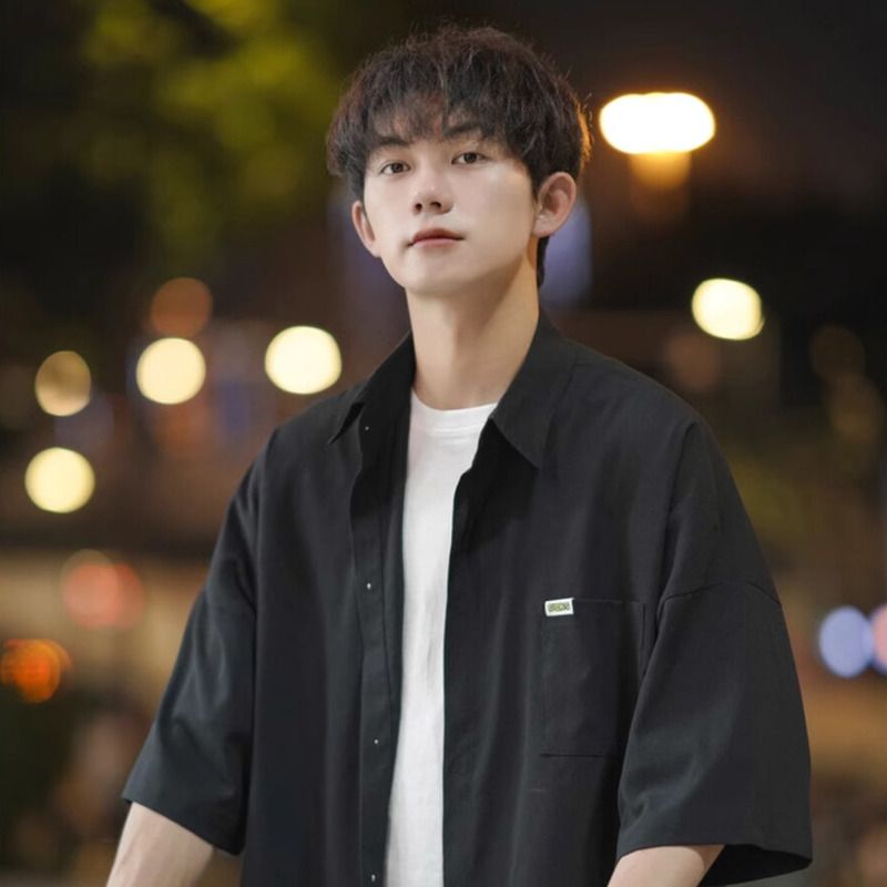 Short Black Ice Silk Thin Trendy Brand Casual Shirt Men Loose Jacket Summer Half Sleeve_voghion.com