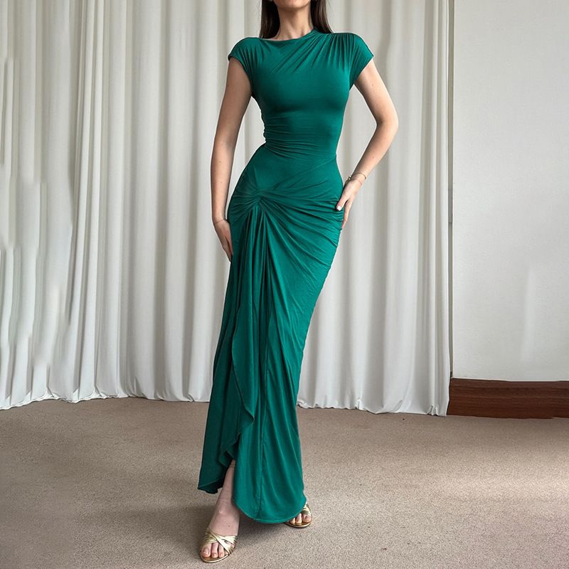 XY24158 Été 2024 Nouvelle robe longue coupe slim avec taille cintrée sexy, manches courtes torsadées et fendues_voghion.com