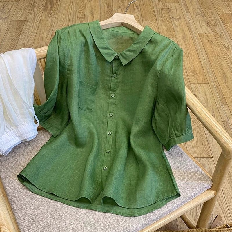 Abbigliamento da donna, nuova camicia in cotone con risvolto, manica a cinque punte, sottile, ampia, tinta unita, temperamento, moda retrò, top da donna_voghion.com