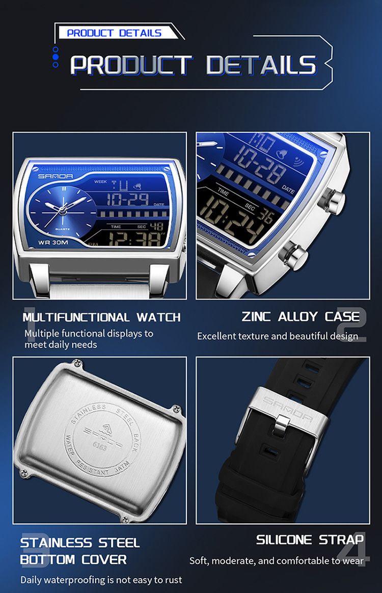 Montre carrée multifonction haut de gamme pour homme avec affichage lumineux, étanche à 30 m, double fuseau horaire et chronographe – Élégante pour le travail et les loisirs_voghion.com