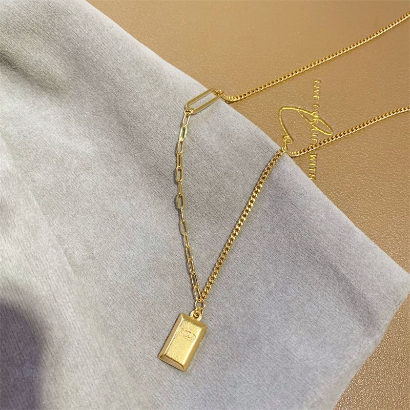 Gold Shop Same Letter Gold Block Shaped Collar Chain Sand GoldSmall Gold Bar Necklace, Women Will Not Fade Color_voghion.com