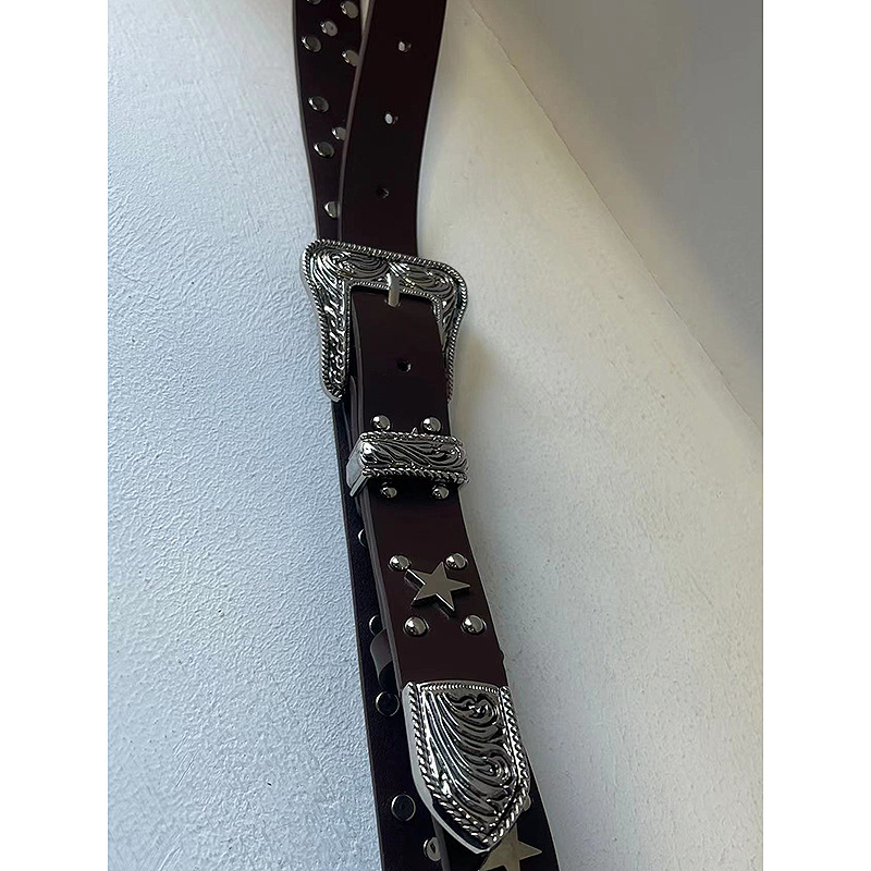 Punk girl three-dimensional five-pointed star rivet millennium y2k retro hot girl concave shape versatile leather belt belt_voghion.com