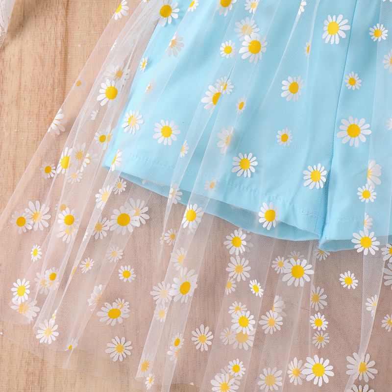 Summer medium-sized childre's fresh suspeder wrap jumpsuit with mesh prit small daisy skirt hem for girls ad_voghion.com