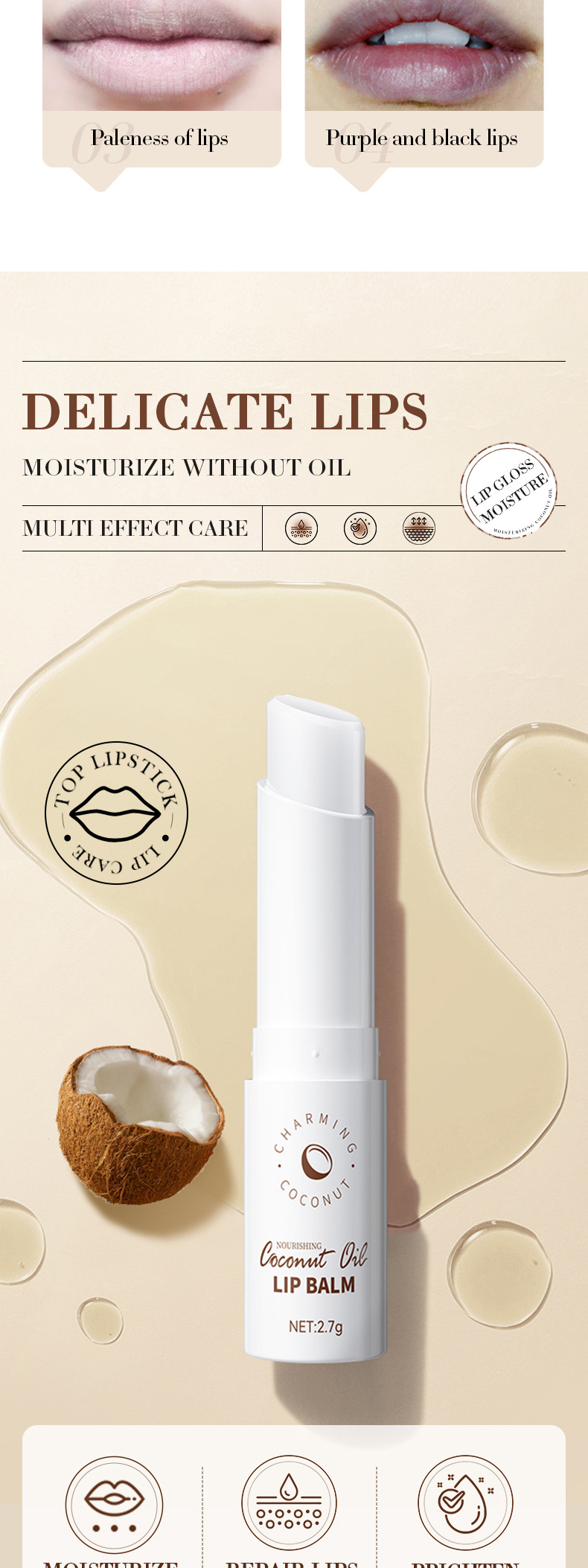 Lápiz labial SADOER All Coconut Cuidado de lápiz labial hidratante y humectante_voghion.com