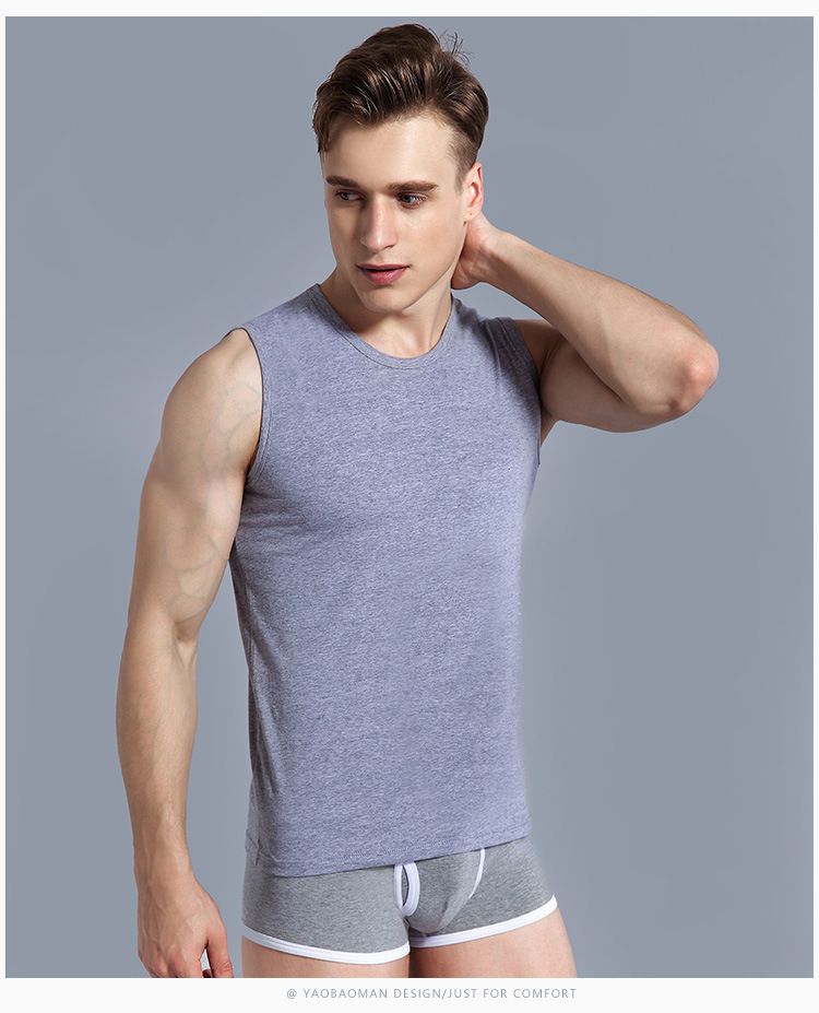 Ropa interior de verano para hombre, camiseta sin mangas deportiva ajustada transpirable con hombros anchos y cuello redondo, color sólido_voghion.com