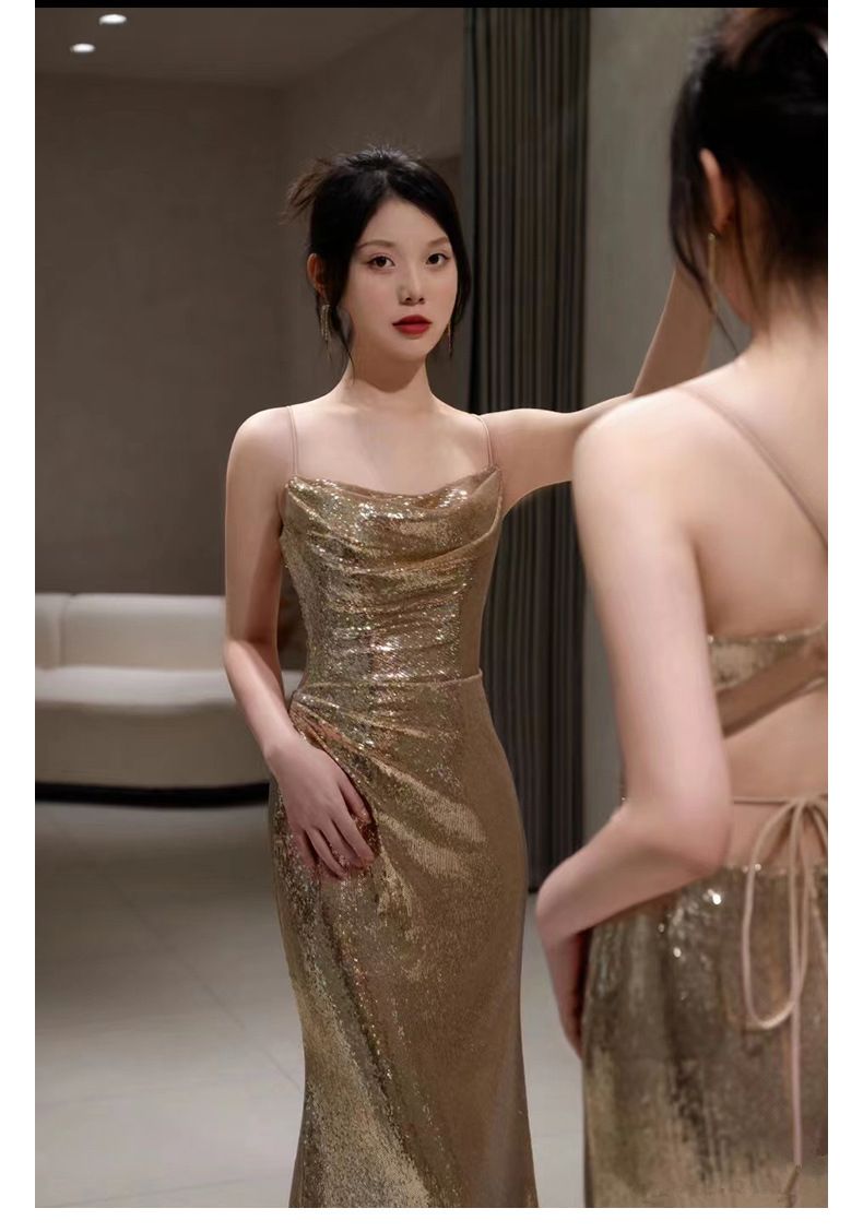 Kadın Giyim Abiye Elbise Askılı Payetli Haute Couture Balık Etek Hafif Lüks Saygın Atmosfer Ev Sahibi Elbisesi_voghion.com