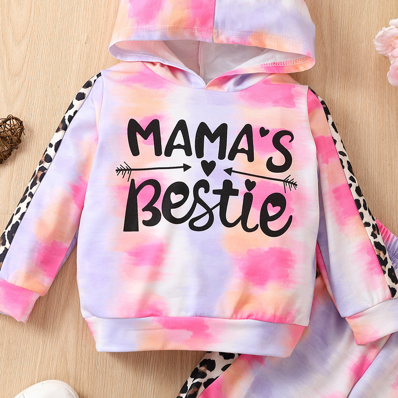 Mother&Kids Letter combinazione tie-dye con felpa con cappuccio in due pezzi alla moda per bambini_voghion.com