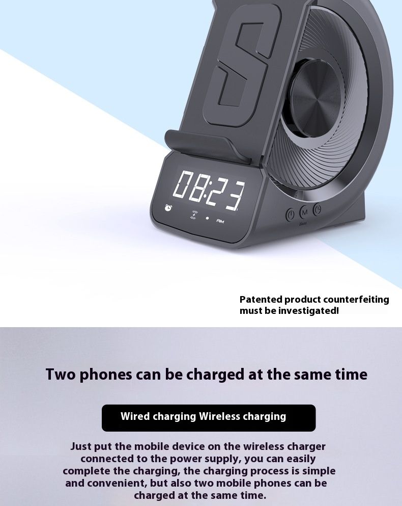 Privat modell tre-i-ett sengehodelader Vekkerklokke Trådløs lading Bluetooth-høyttaler_voghion.com