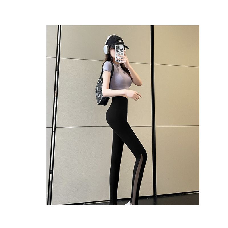 2025 Spring Summer Outdoor Ice Skin Mesh Nine-point Thin Shark Pants Tummy Control Hip Lift Yoga Sun Protection Leggings_voghion.com