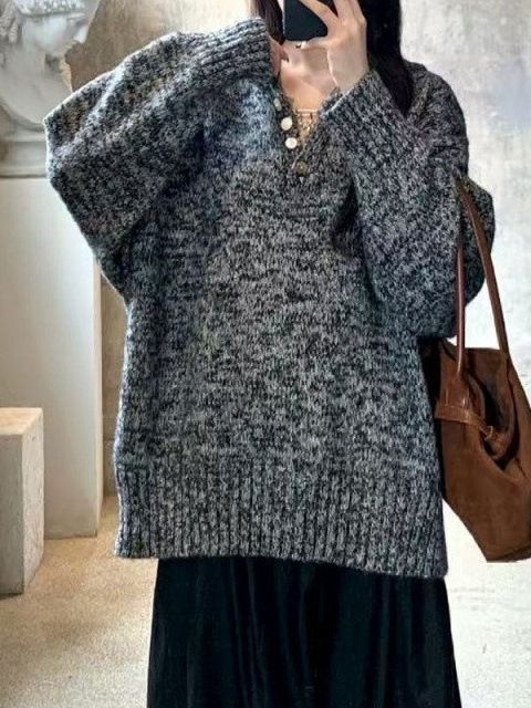 Maglione da donna con cappuccio, scollo a V, grigio, bottoni, casual, lazy, ampio, di nicchia, Xiaoxiangfeng_voghion.com