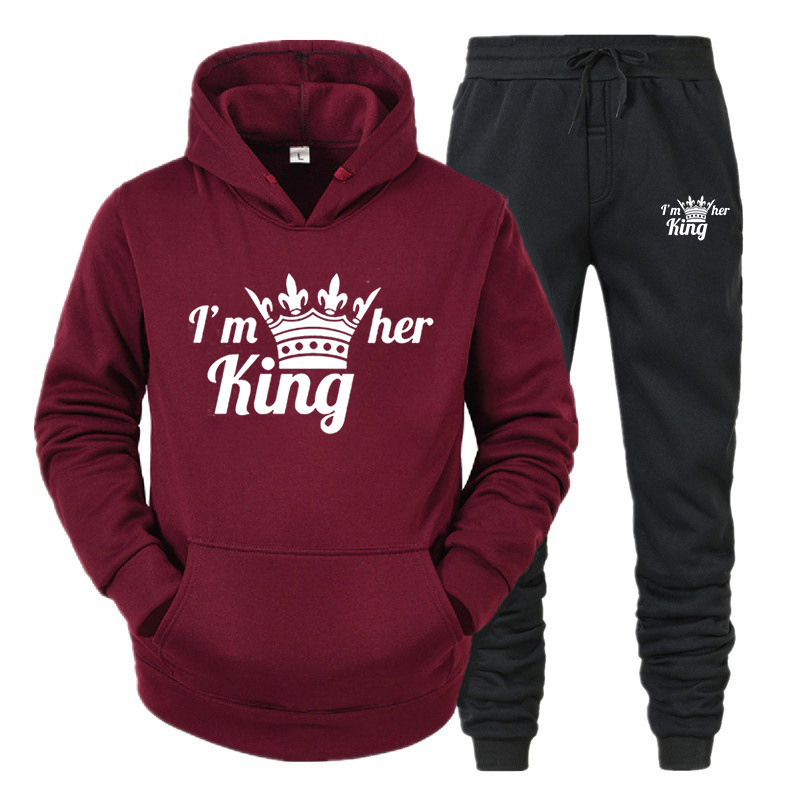 Set da donna con cappuccio KING QUEEN per coppie maschili e femminili, tuta sportiva casual, set di due pezzi_voghion.com
