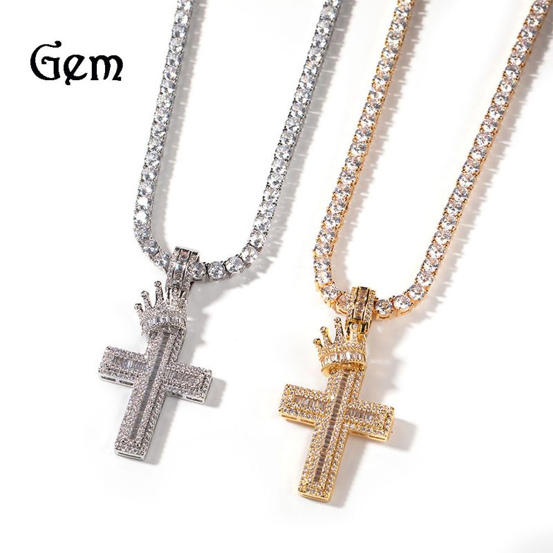 Collana con ciondolo a croce con corona completa per uomo, in rame con zirconi intarsiati, stile hip hop punk, alla moda_voghion.com