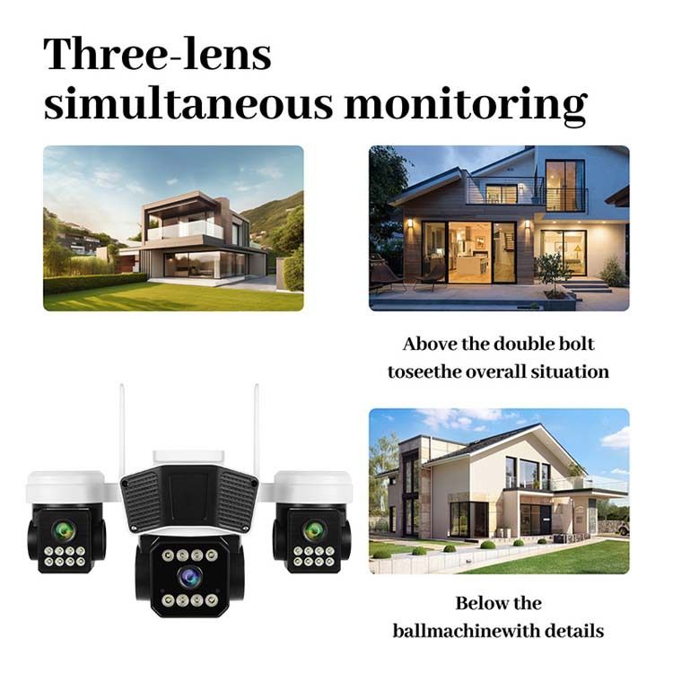Triple-Lens WiFi Security Camera With 6MP HD, Smart Night Vision, 360° Panoramic View, IP66 Weatherproof For Outdoor Surveillance_voghion.com