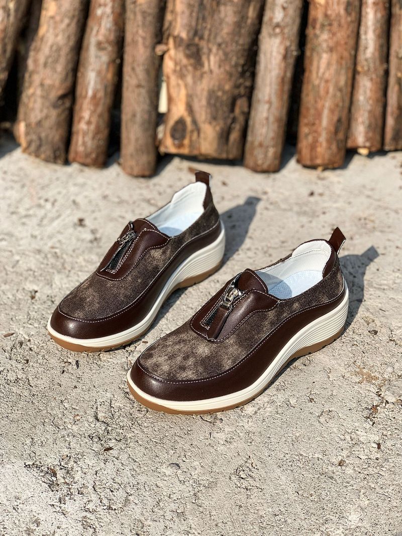 Damenschuhe große Freizeitschuhe farblich passende Leopardenmuster Keilabsatz dicke Sohle runde Zehen Slip-On-Schuhe_voghion.com