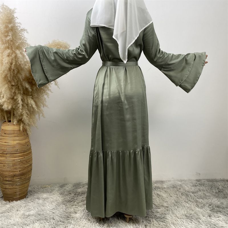 Yeni Saten Müslüman Kadın Elbisesi Çift Çan Kollu Abaya Lüks Dubai Elmas Uzun Elbise Etek Ucu Eklemeli Kaftan Faslı Kadın Zarif_voghion.com