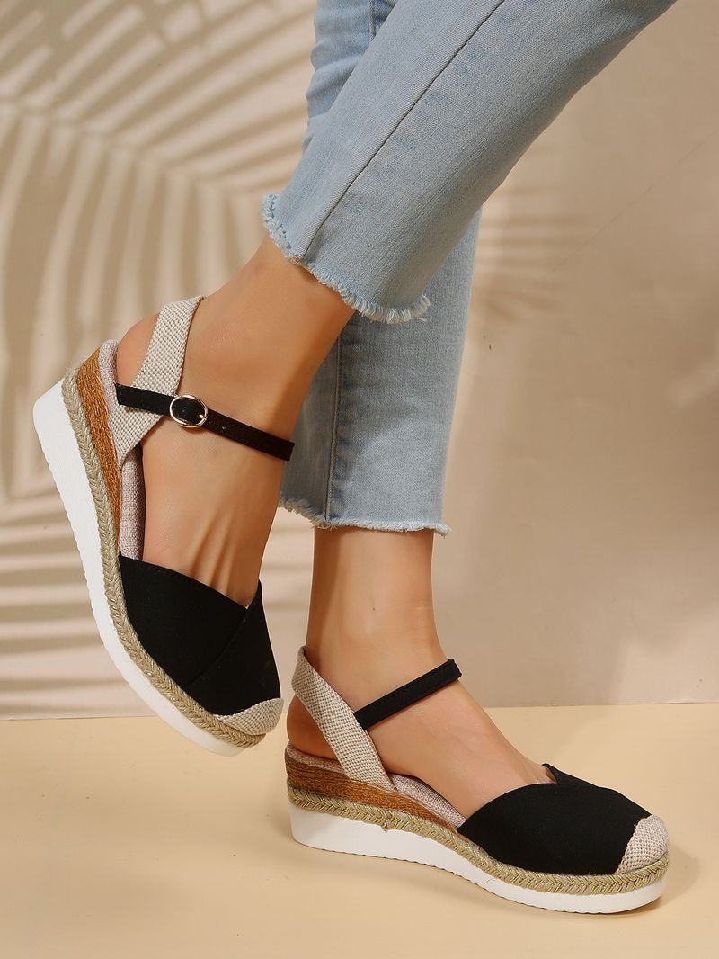 Women's summer large size color matching closed toe back sandals wedge heel lightweight rope braided buckle women's shoes thick bottom sandals_voghion.com