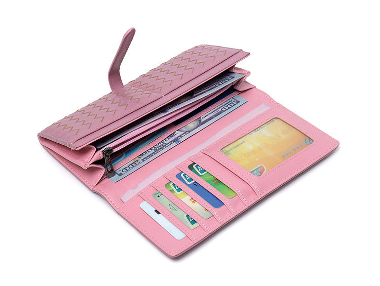 Sheepskin Weaving Gradient Long Genuine Leather Soft Drawstring Clip Moisture Handheld Women's Wallet_voghion.com