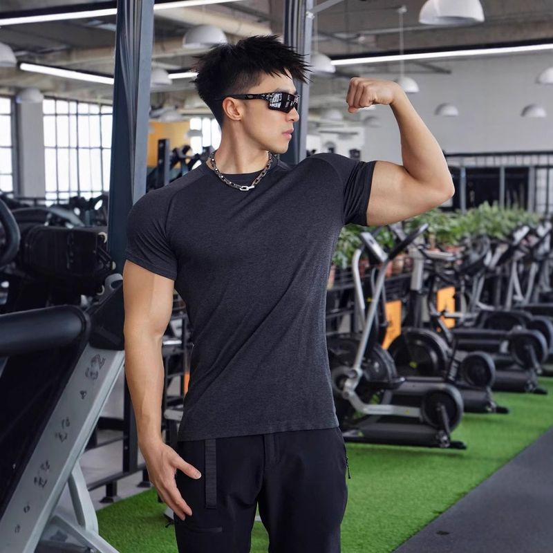 Muskel-Fitness-Übung Baumwolle Kurzarm Basketball Lauftraining Solona elastische Sport T-Shirt Herren_voghion.com