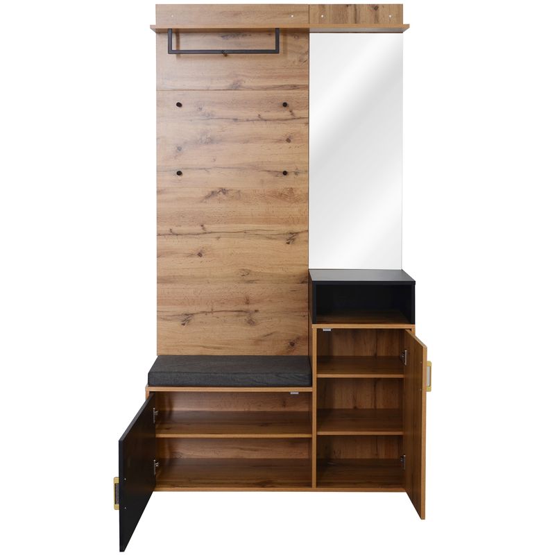 Ensemble garde-robe avec 4 patères, miroir, meuble à chaussures, meuble d'entrée mural avec étagère de rangement supérieure et banquette d'entrée – Installation murale avec perçage nécessaire_voghion.com