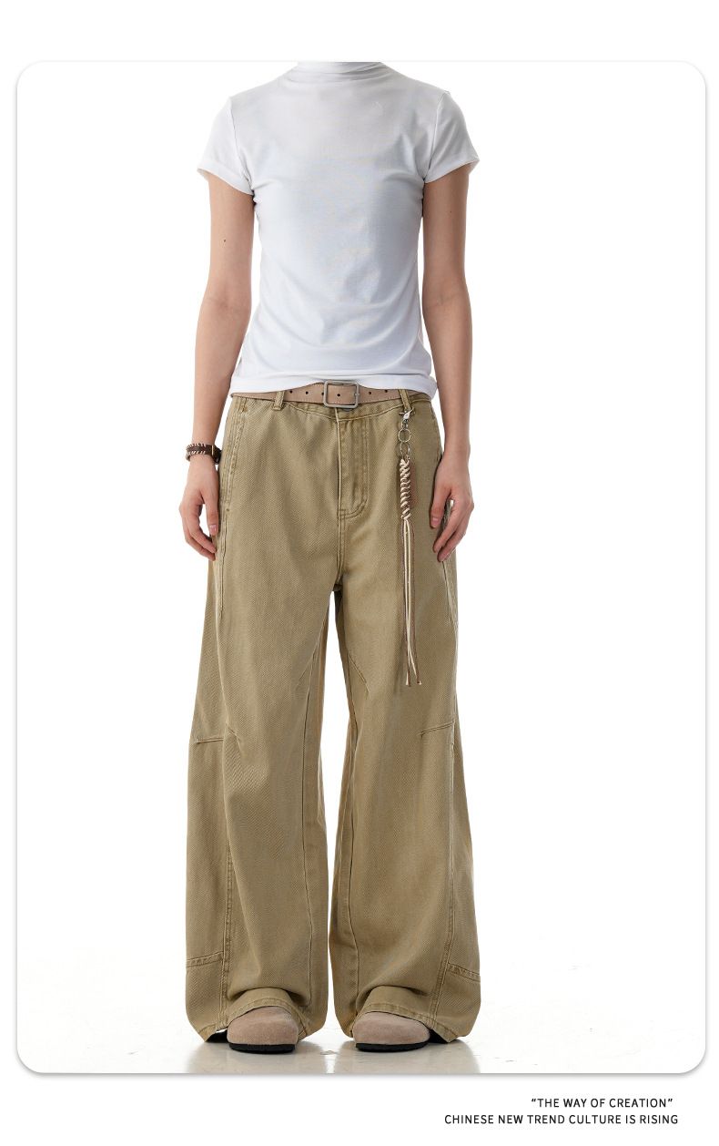 Lockere Cargohose im Vintage-Stil in A-Linie für Damen und Herren – Relaxed Fit, gerades Bein, Freizeithose (Weiß, Khaki)_voghion.com