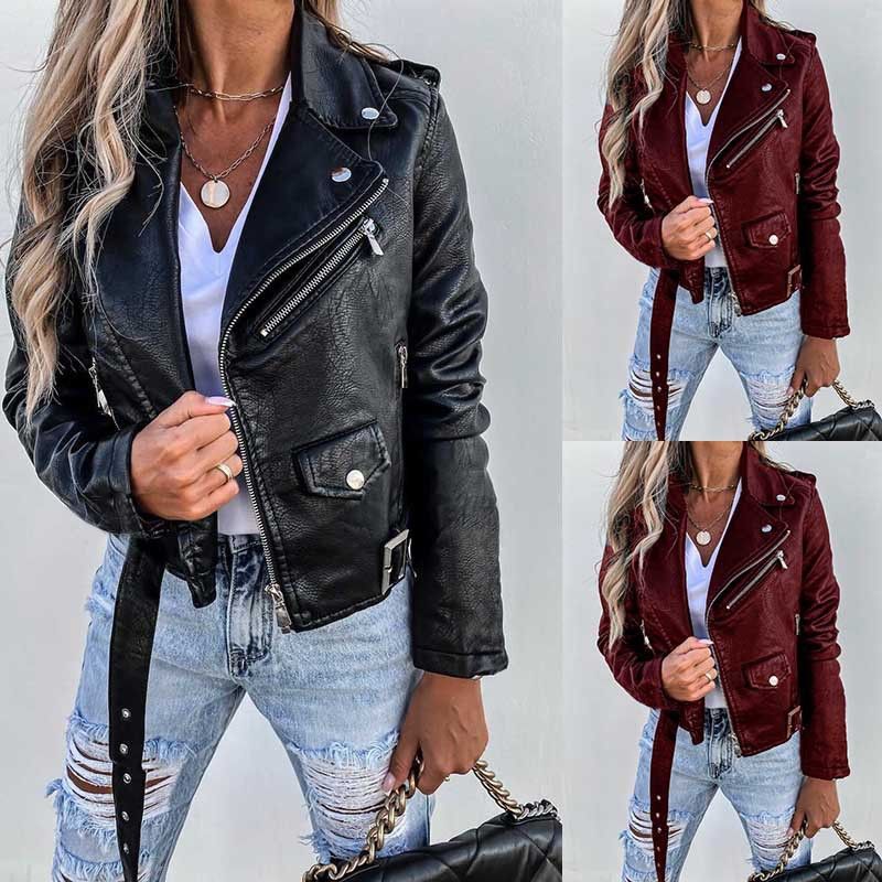 Women's New 2023 Autumn Winter Jacket PU Leather Coat Motorcycle Short Zipper_voghion.com