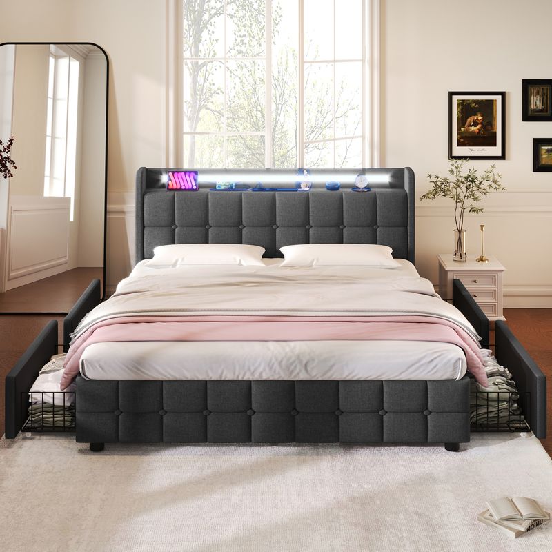 Lit plateforme rembourré gris avec ports de chargement USB, éclairage LED, 4 tiroirs de rangement et tête de lit. Cadre de lit double 160 x 200 cm avec lattes en bois (matelas non inclus)._voghion.com