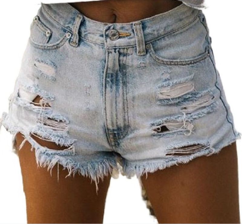 Short en jean déchiré taille haute pour femme, pantalon sexy et délavé avec pompons_voghion.com