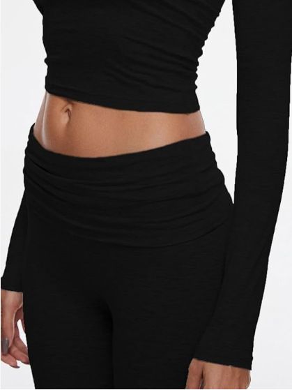 Damenbekleidung Neuer Rundhalsausschnitt, kurzer Stil, enger Hosenanzug mit niedriger Taille und Schlaghose_voghion.com