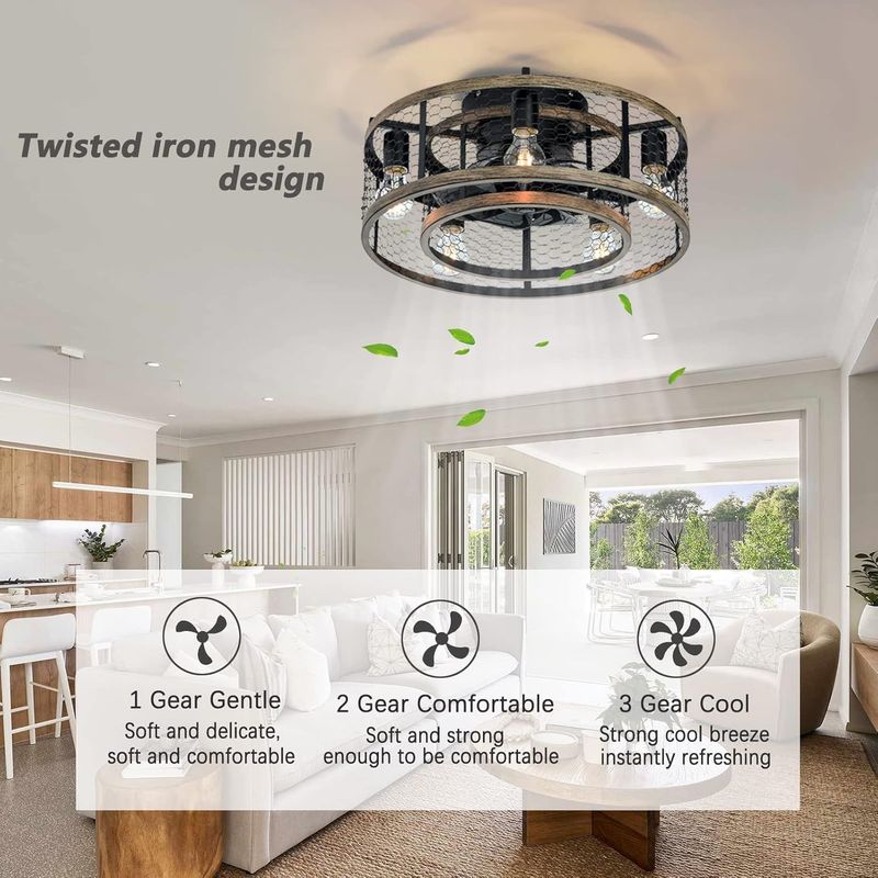 20 Inch Industrial Caged Ceiling Fan With 7-ABS Blades Remote Control, Small Ceiling Fan Reversible DC Motor - Black_voghion.com