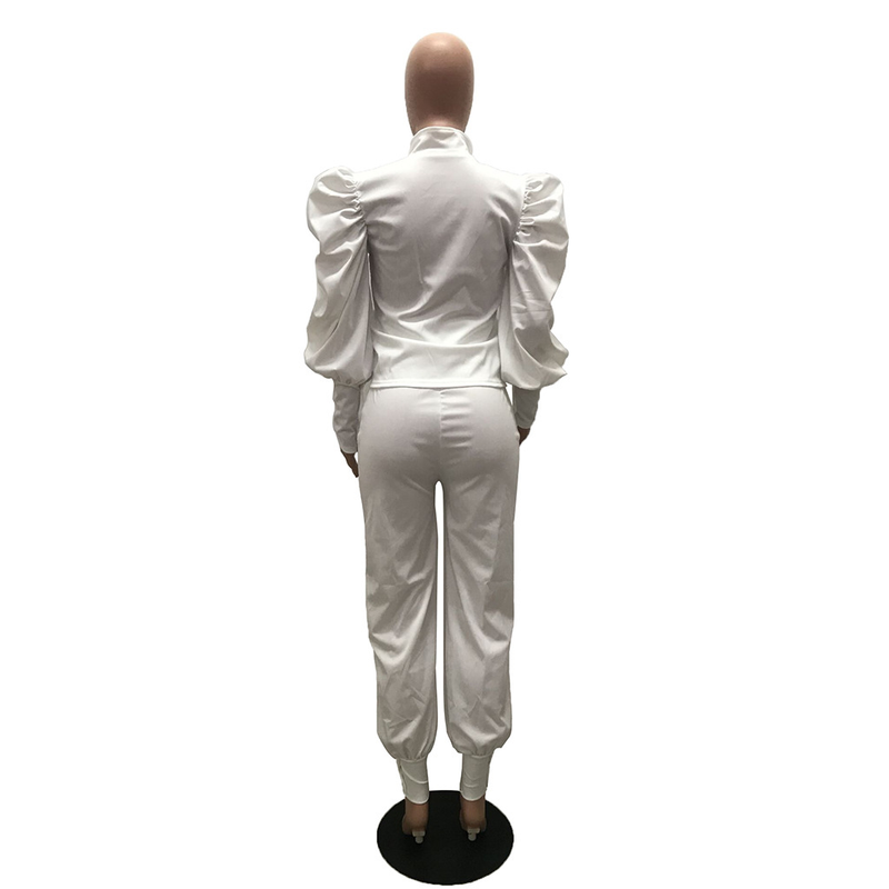 Damenbekleidung Mode Persönlichkeit Design Sinn für einfarbige Blase Ärmel Reißverschluss hoch taillierte Hose zweiteiliger Anzug_voghion.com